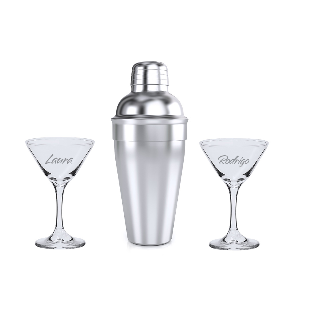 Pack Elegante Set de Cóctel: Coctelera acero inox + 2 copas grabadas personalizadas