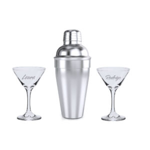 Pack Elegante Set de Cóctel: Coctelera acero inox + 2 copas grabadas personalizadas